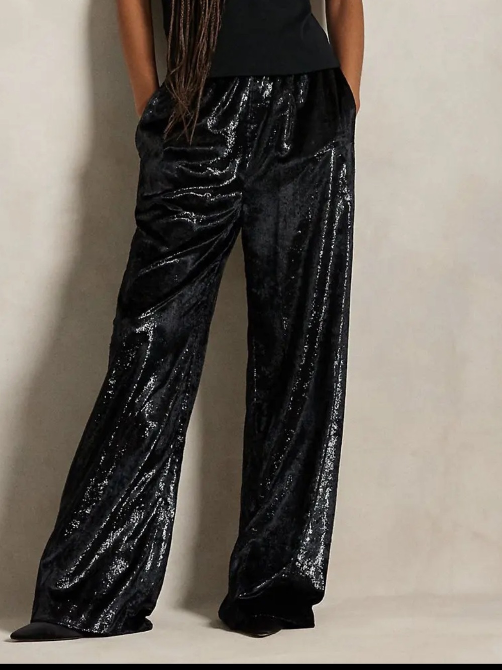 Ralph Lauren Black Wide-Leg Velvet Sequin Pants